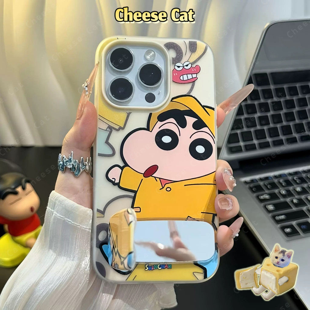 Shin Giá đỡ điện thoại tráng gương và Ốp iPhone màu xanh vàng dễ thương cho iPhone 12 14 15 11 13 16 17 Pro Max Xs Max