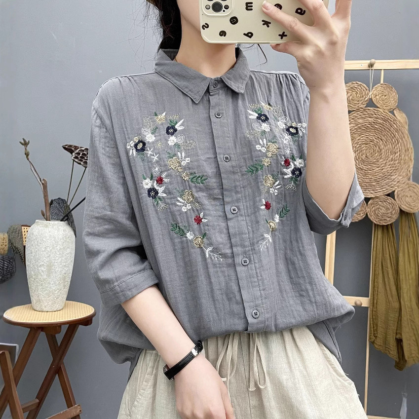 Áo sơ mi nữ 100% sợi cotton cao cấp, thiết kế nghệ thuật gai rời thêu, phù hợp mùa hè