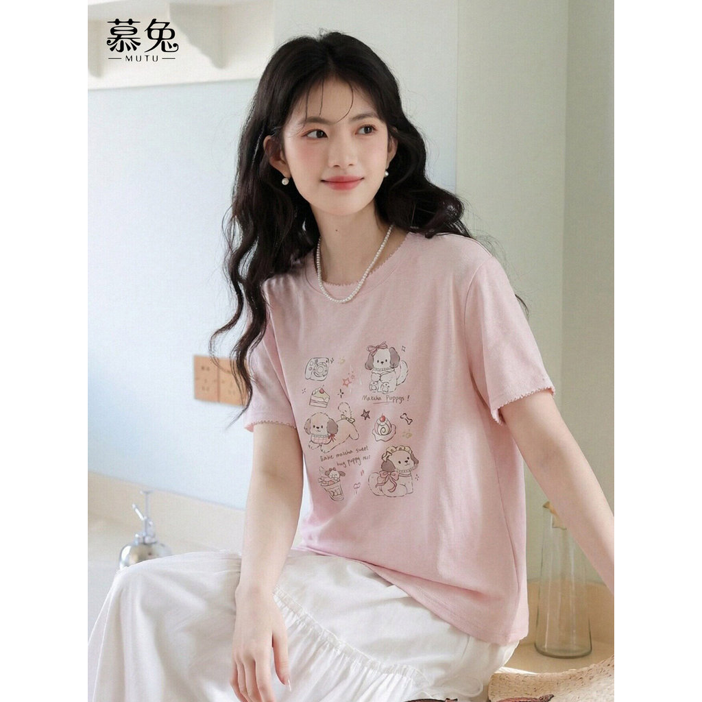 Mutu Áo Thun Nữ Mùa Hè Hình Sweet Pink Puppy Cổ Tròn Tay Ngắn