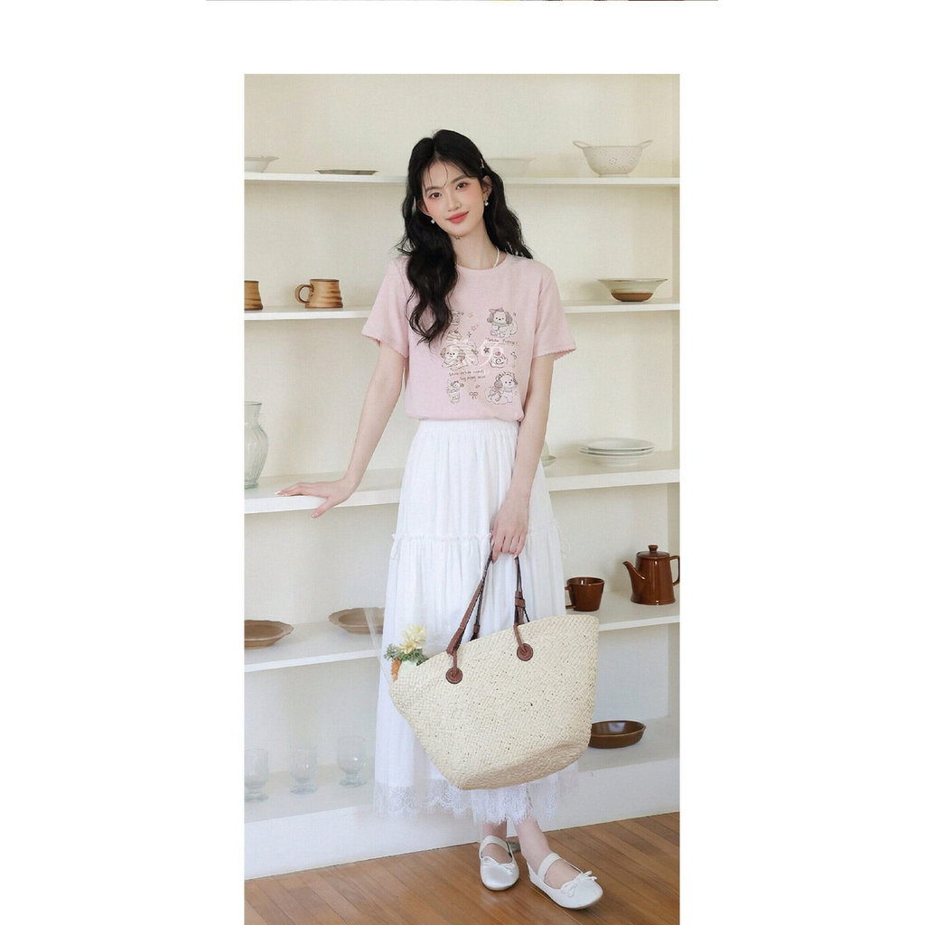 Mutu Áo Thun Nữ Mùa Hè Hình Sweet Pink Puppy Cổ Tròn Tay Ngắn