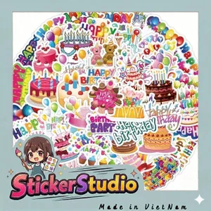 Set 60 Sticker Bánh kem và phụ kiện sinh nhật Chống Nước Dán Laptop Vali Mũ Bảo Hiểm Sổ Tay