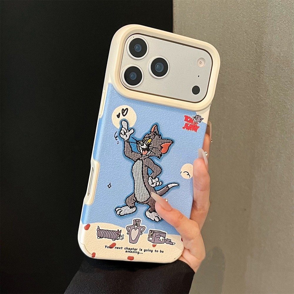 3D Thêu Chuột Mèo Sọc Cam Da Điện Thoại Cho iPhone 17 Pro Max 16 15 14 13 12 Vỏ Bảo Vệ Chống Sốc