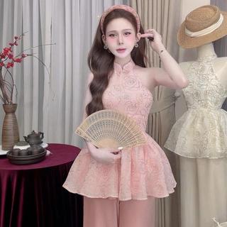 Set Áo Yếm Tết Phối Quần Suông Ống Rộng Lưng Full Mocking Chun Khoá Kéo Trang Phục Du Xuân Cho Nàng Ld_Store Fashion