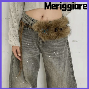 Thắt lưng dây buộc MERIGGIARE, Thắt lưng lông giả Bohemian Y2K, Thiết kế sang trọng cổ điển hợp thời trang Dây đeo thắt lưng lông thú sang trọng đa năng Thời trang nữ