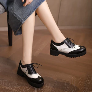 VNLDH34-39 Size Brock Da Dầu Giày Da Nhỏ Nữ Xuân Thu Phong Cách Anh Preppy Phong Cách Retro Phối Màu Phù Hợp Với Giày Công Sở Giày Gót Dày Hợp Thời Trang Gothic