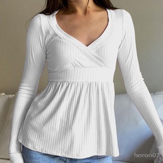 Áo sơ mi Babydoll cổ chữ V, tay dài màu đơn sắc - Thời trang đi chơi mùa thu