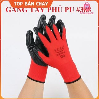 TÚI 12 ĐÔI găng tay phủ PU #388, găng tay lao động, găng tay 388 màu đỏ đen