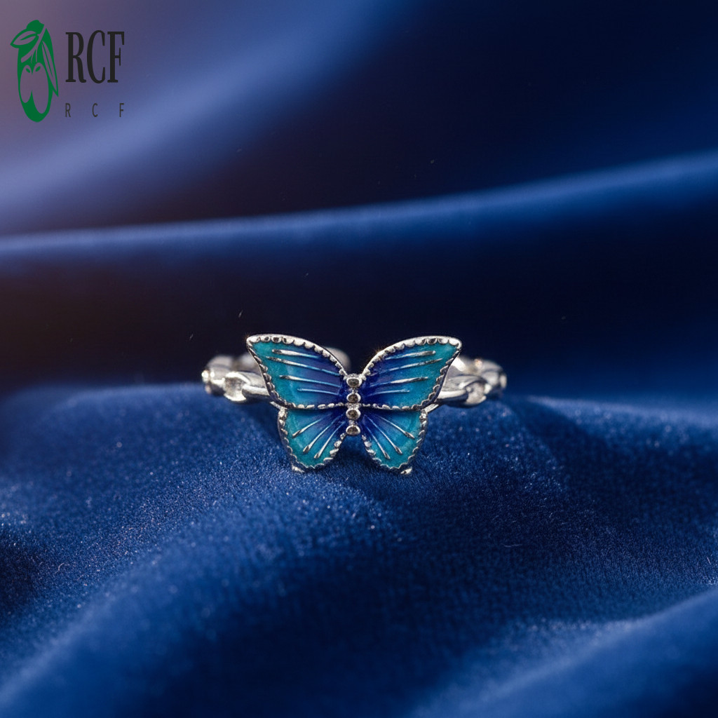 Nhẫn bướm men bạc màu gradient, phong cách Trung Hoa vintage cho nữ