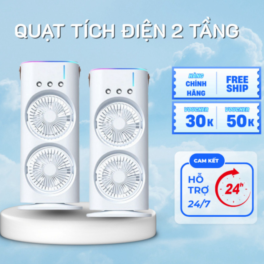 Quạt Điều Hòa Tích Điện 2 Tầng Để Bàn Phun Sương 3 Tốc Độ Gió Tích Hợp Đèn Led Có Remote Tiện Lợi