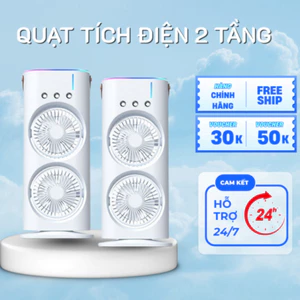 Quạt Điều Hòa Tích Điện 2 Tầng Để Bàn Phun Sương 3 Tốc Độ Gió Tích Hợp Đèn Led Có Remote Tiện Lợi
