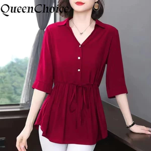Áo sơ mi nữ cổ chữ V tay ngắn màu đỏ, phù hợp áo công sở