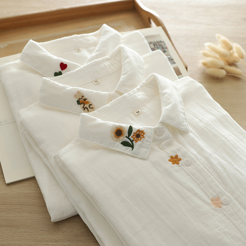 Sợi cotton áo sơ mi nữ cao cấp năm 2026, thiết kế hình trái tim thêu tay dài, phù hợp mọi kích thước
