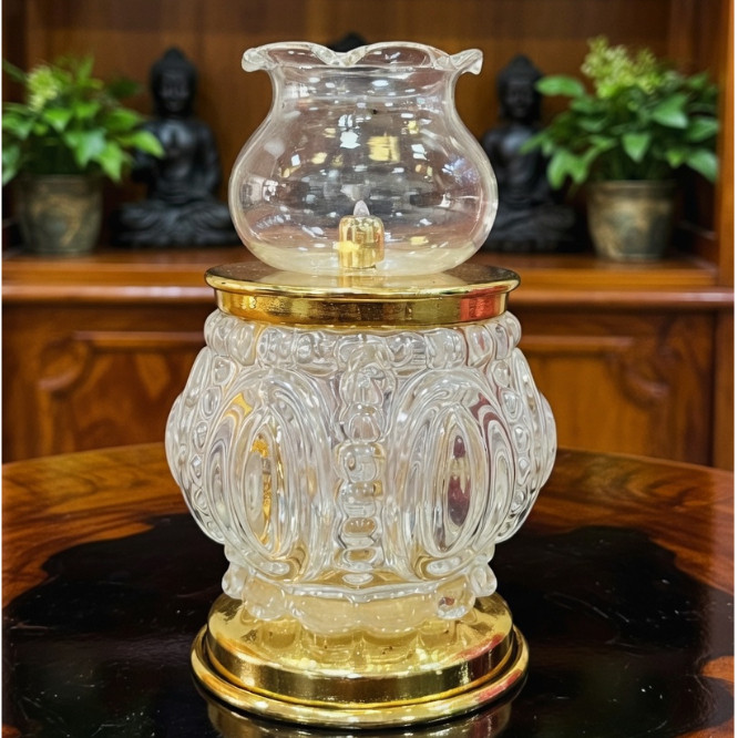 Đèn Dầu Thủy Tinh Họa Tiết Vân/Sen Đa Sắc Đế Vàng Cao Cấp - Đèn Thờ Cúng Phật, Gia Tiên, Thần Tài [ Đèn 054 ]