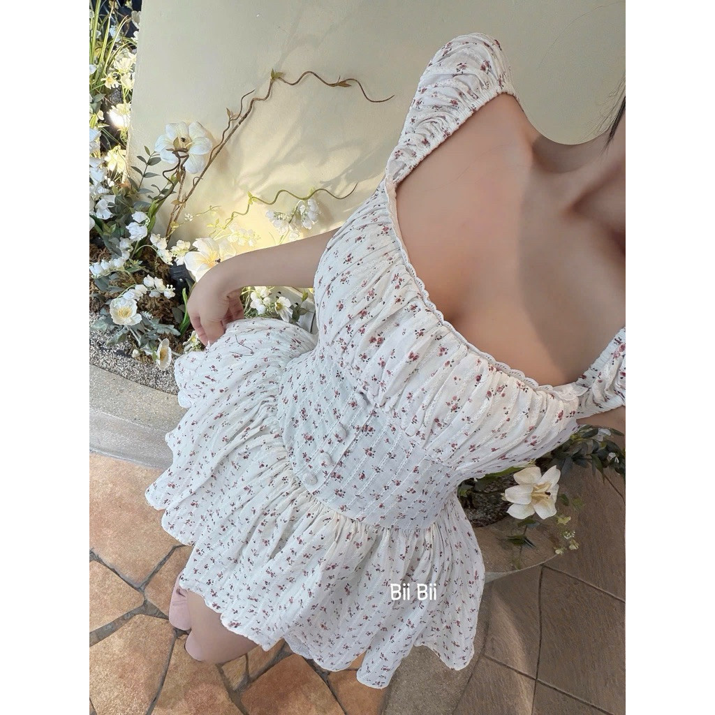 Đầm xô thêu hoa nhún cổ vuông xoè  BYJOLIE