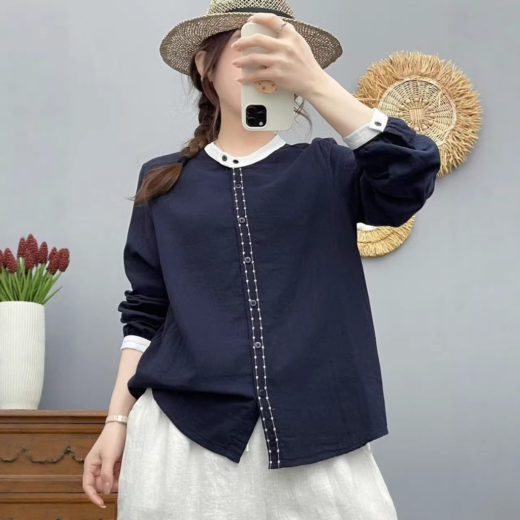 Sơ mi nữ cotton chất lượng cao, dáng rộng màu tương phản, style đại học