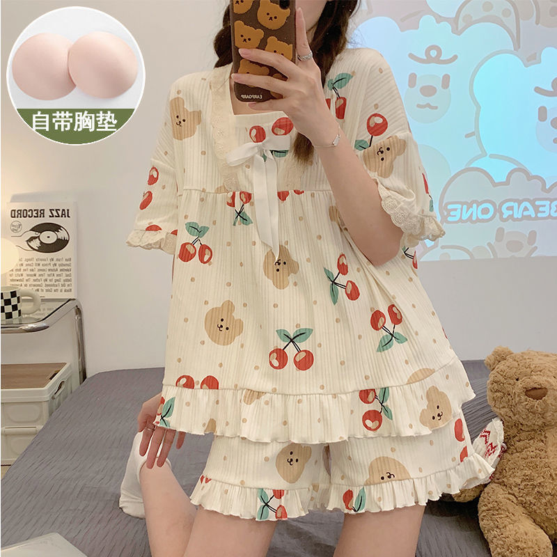 Ren Có Miếng Lót Ngực Bộ Đồ Ngủ Nữ Phù Hợp Với Cô Gái Dễ Thương Ngọt Ngào Ngắn Tay Quần Short Loungewear Có Thể Mặc Bên Ngoài