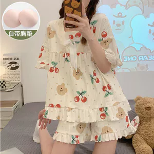 Ren Có Miếng Lót Ngực Bộ Đồ Ngủ Nữ Phù Hợp Với Cô Gái Dễ Thương Ngọt Ngào Ngắn Tay Quần Short Loungewear Có Thể Mặc Bên Ngoài