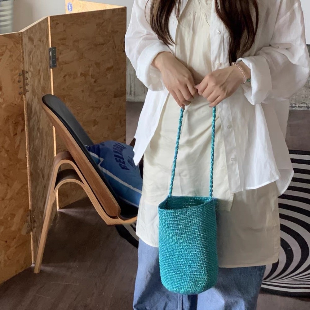 Túi xô dệt tay IFANSIN, Túi xô dây kim loại Boho dung tích lớn, Túi cói thiết kế ống hút thủ công màu trơn thông thường Bãi biển
