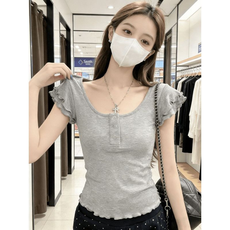 [Giảm giá 50%] Áo thun nữ màu xám slim fit, hai lớp, chất liệu thân thiện với làn da