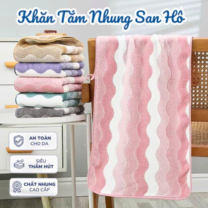Khăn Tắm Nhung San Hô Siêu Thấm Hút GADI, Họa Tiết Lượn Sóng Bắt Mắt Kèm Móc Treo Tiện Lợi
