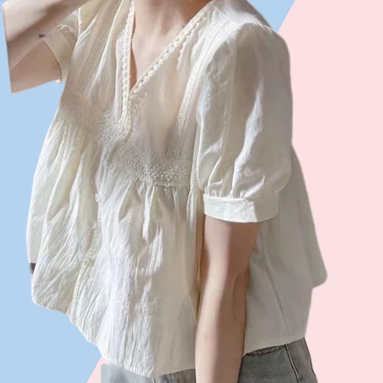 Áo sơ mi nữ cổ chữ V màu trắng, tay phồng xinh xắn, phù hợp mùa hè - Giảm giá sốc!