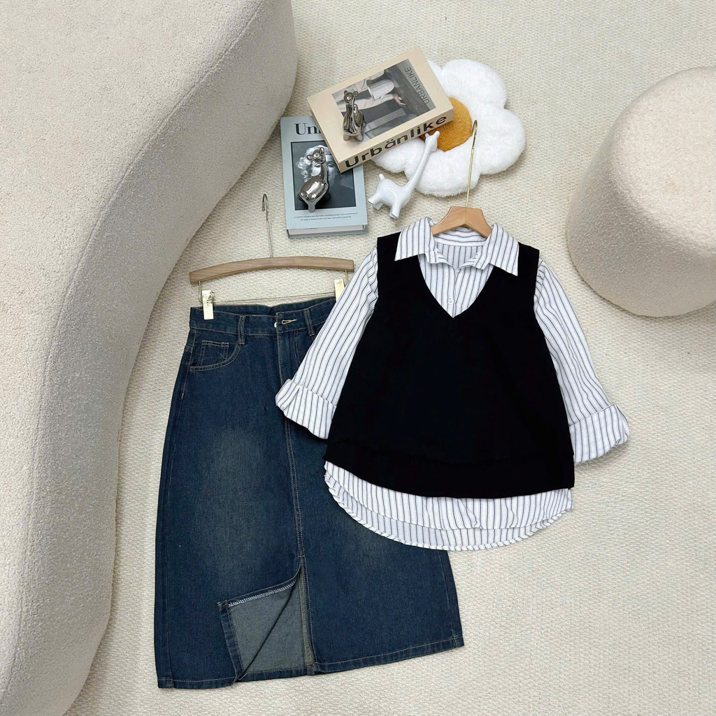 Set Tự Chọn Bigsize Nữ Áo Sơ Mi Kẻ Sọc Mix Ghi Lê Và Chân Váy Jean Che Bụng Tôn Dáng-(A238 +A335+V5)