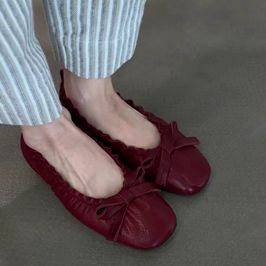 3 Màu Size Lớn 35-40 Phiên Bản Da Cừu ~ Retro Xếp Ly Nơ Giày Ba Lê Slip-On Giày Đế Bằng Nữ Đi Lại Sang Trọng Nông Miệng Giày B0B8