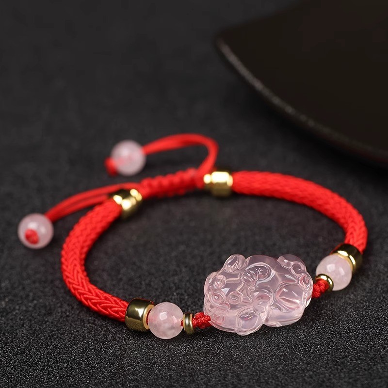 Vòng tay Pixiu may mắn pha lê hồng tự nhiên