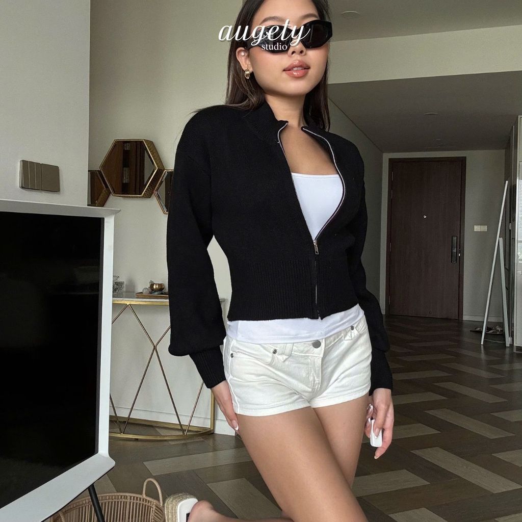 Áo Khoác Len Dệt Kim Cao Cấp Chất Dày Dặn Bo Eo Khoá Kéo Dáng Croptop Augety Studio, LIVY Knit Cardigan