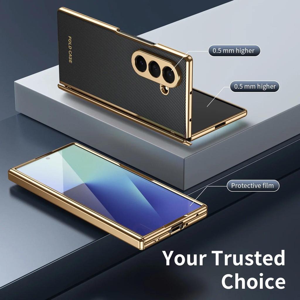 Ốp điện thoại viền vàng da có màng thép cho Samsung Galaxy Z Fold 7 6 5 4 3 Fold6 Bản lề Bảo vệ chống sốc