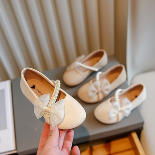 Giày Da Trắng Bé Gái 2025, Ngọc Trai & Nơ Chi Tiết Đế Mềm Mary Jane Flats, Giày Công Chúa Xuân Thu Cho Bé Tập Đi Trẻ Em