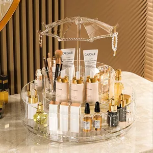Kệ Đựng Mỹ Phẩm 2 Tầng Trong Suốt Xoay 360 Độ Có Mái Che, Khay Để Đồ Skincare Nước Hoa Sang Trọng