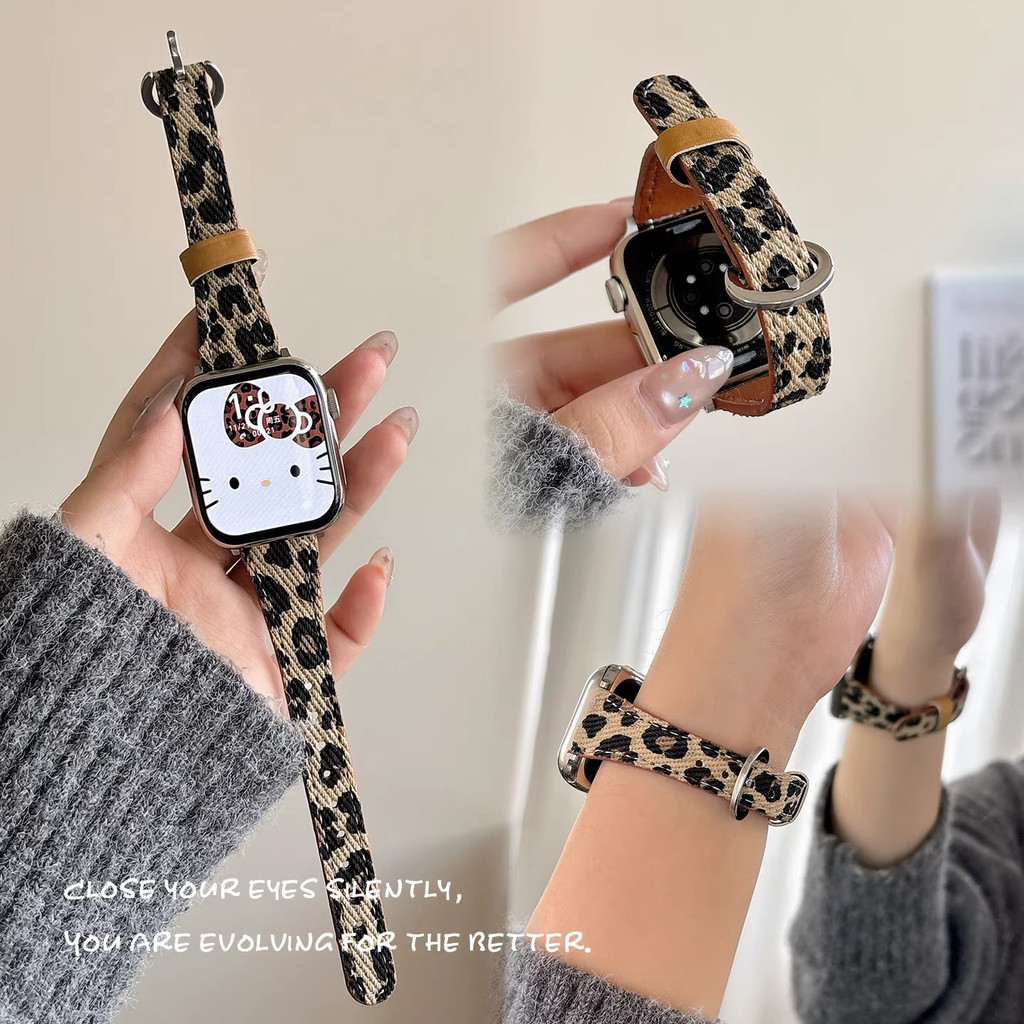 Da Báo In Dây Da denim Cho Apple Watch 44mm 40 45 41 49 46 42 38 mm Vòng Tay Series 11 10 9 8 SE 7 6 5 4 3 Dây Đeo