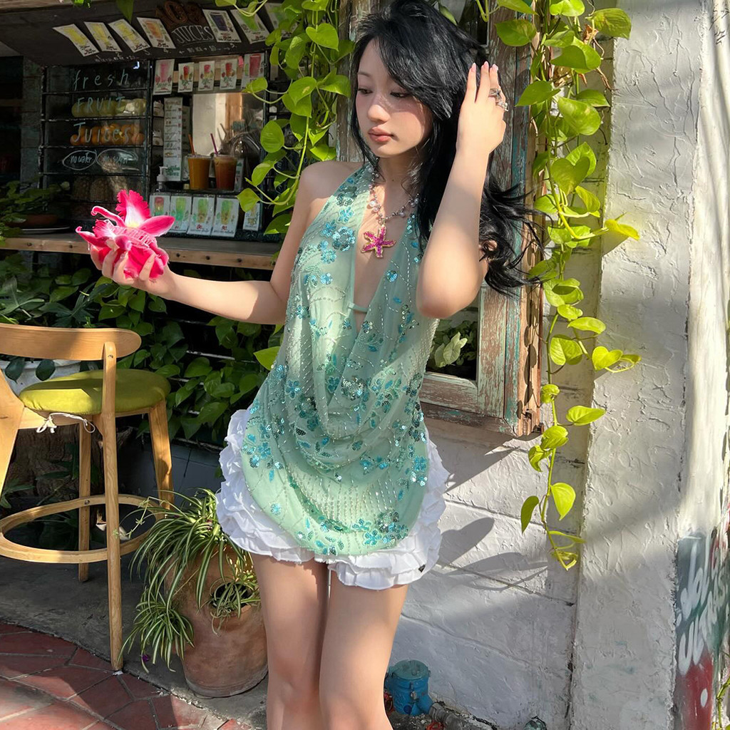 Vest nữ sequin xu hướng, dây chắp vá gợi cảm, phù hợp cho kỳ nghỉ và tiệc tùng