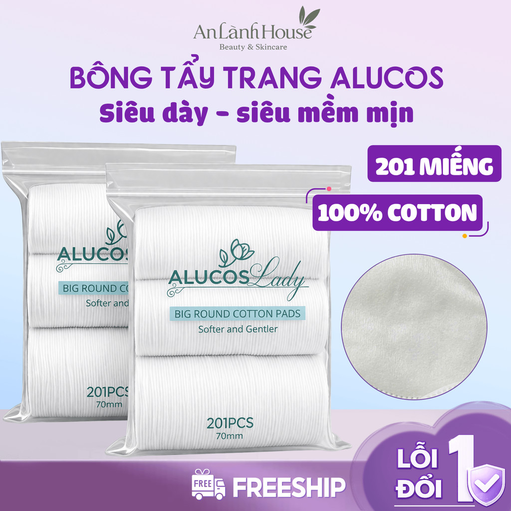 Bông Tẩy Trang Alucos Lady 201 Miếng Siêu Xịn, Mềm Mịn, Bông Tẩy Trang Cotton 100% Ép Viền Dịu Nhẹ Cho Da An Lành