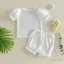 Bé Gái Mùa Hè Bộ 3D Móc Hoa Tay Ngắn Áo Thun Và Co Giãn Ruffles Quần Short Quần Áo Dễ Thương Màu Trắng