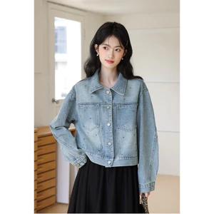 Mutu Áo Khoác Denim Retro Spring Style, Hoạ Tiết Gypsophila và Kim Cương Nổi Bật