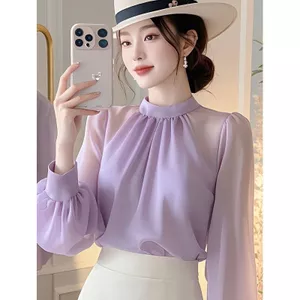 Áo sơ mi dài tay kiểu Pháp màu tím, chất liệu voan nhẹ nhàng cho mùa hè