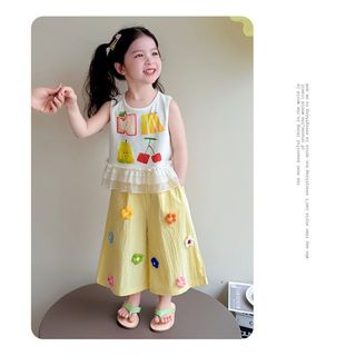 Bộ đồ cho bé gái – Áo sát nách phối quần ống rộng hoa nổi dễ thương, thoáng khí, phong cách Hàn hè