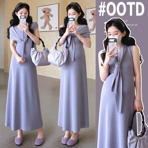Bộ đồ bà bầu mùa hè gồm vest dệt kim và khăn choàng mỏng từ cotton nguyên chất