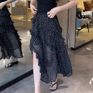 Váy chấm bi nữ dáng ôm thắt lưng co giãn màu đen, khuyến mãi mùa hè