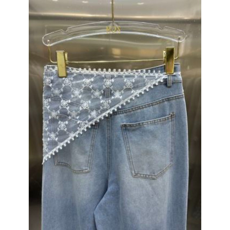 Quần jean nữ lưng cao mới có quần Denim và ren đục lỗ