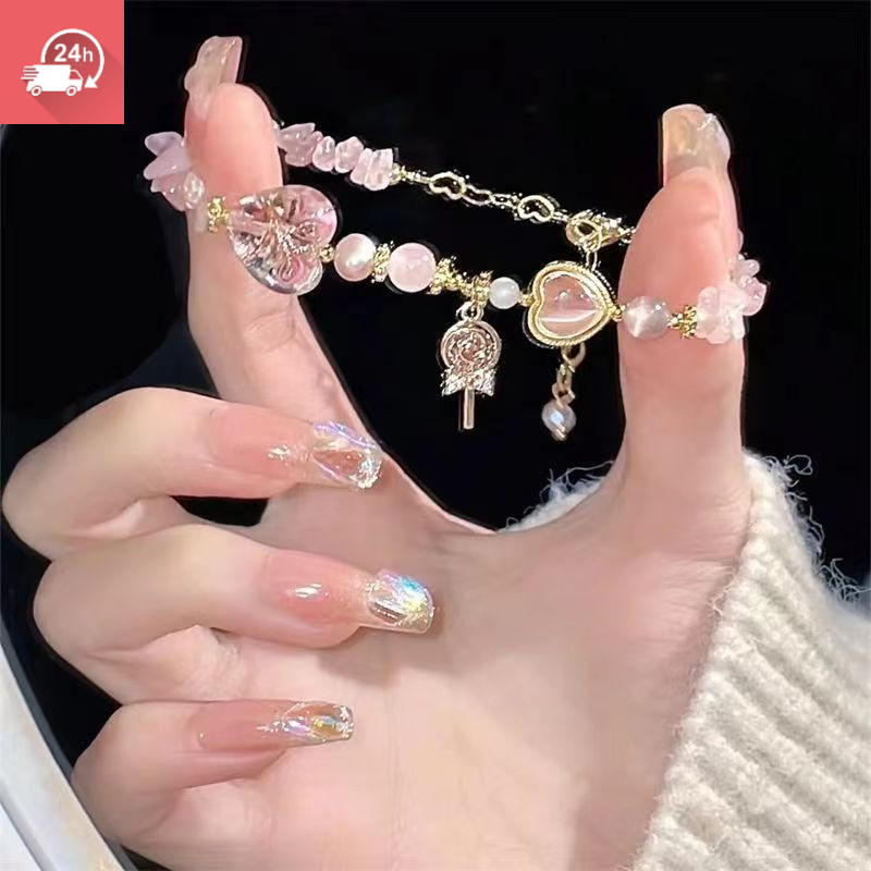 Đáy chuyền và vòng tay nữ hạt trái tim màu hồng pastel - Thiết kế tối giản