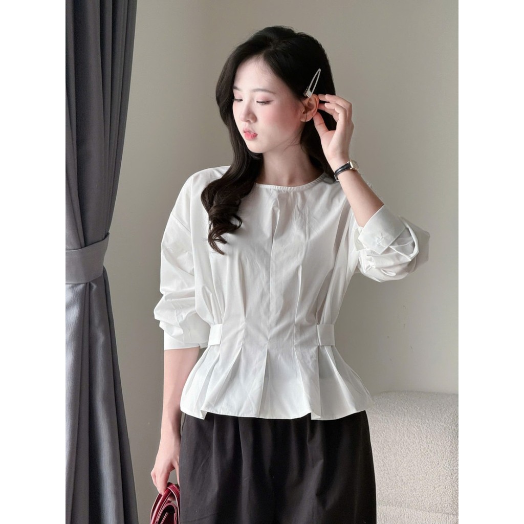 Áo kiểu cổ tròn eo xếp ly dây buộc lưng chất vải thô nến Miha Studio