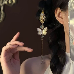 WHX [Phong Cách Mới] Mũ Đội Đầu Cô Dâu Trung Quốc Tua Rua Kẹp Tóc Retro Vàng Bướm Mũ Đội Đầu Kẹp Tóc