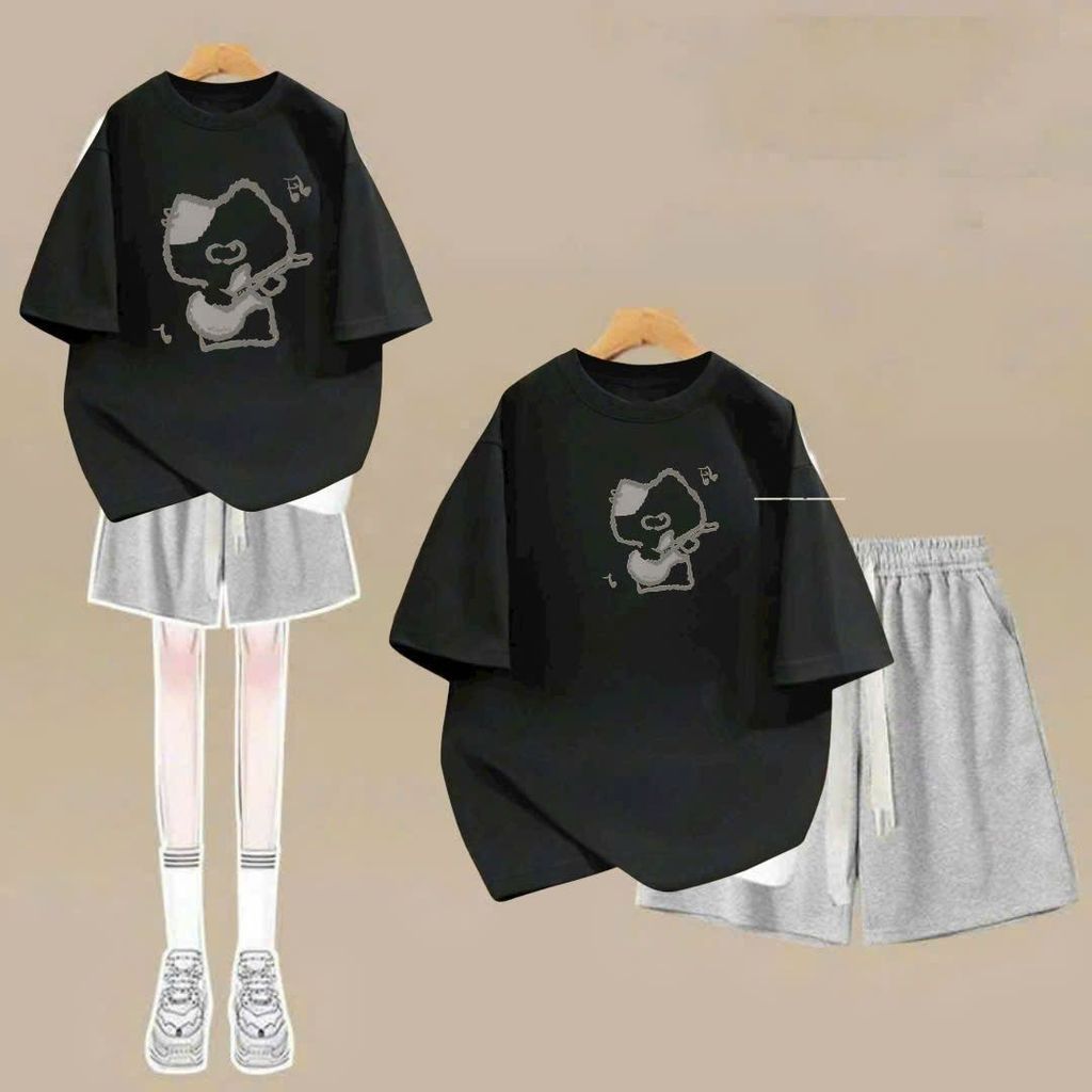 sét bộ quần đùi cộc dây to trơn+mix áo phông form rộng in hình mèo đánh đàn-SHOP THỜI TRANG THU BIO