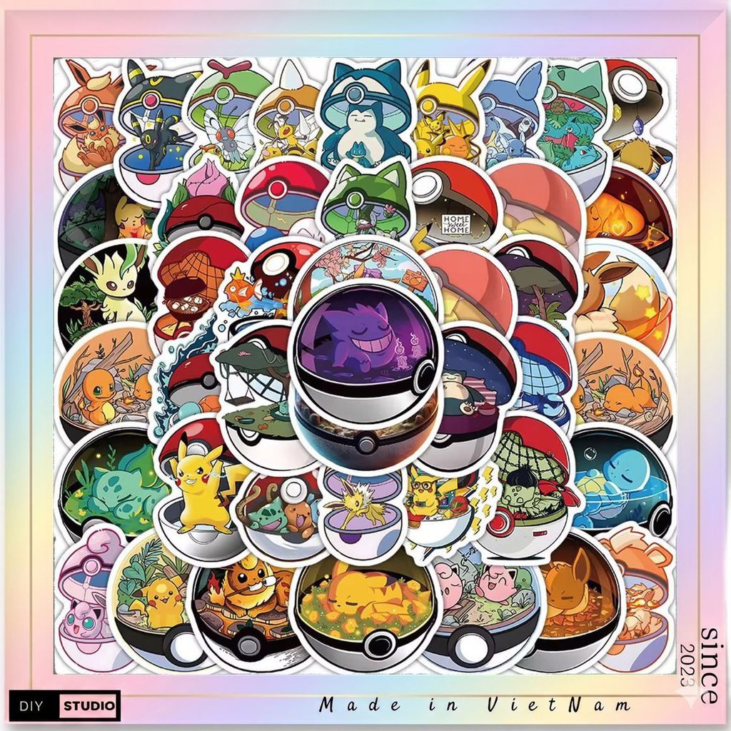 100 sticker  pokemon phiên bản ở trong quả cầu pokeball siêu đẹp trang trí đồ dùng hoặc dán sưu tầm dành cho fan