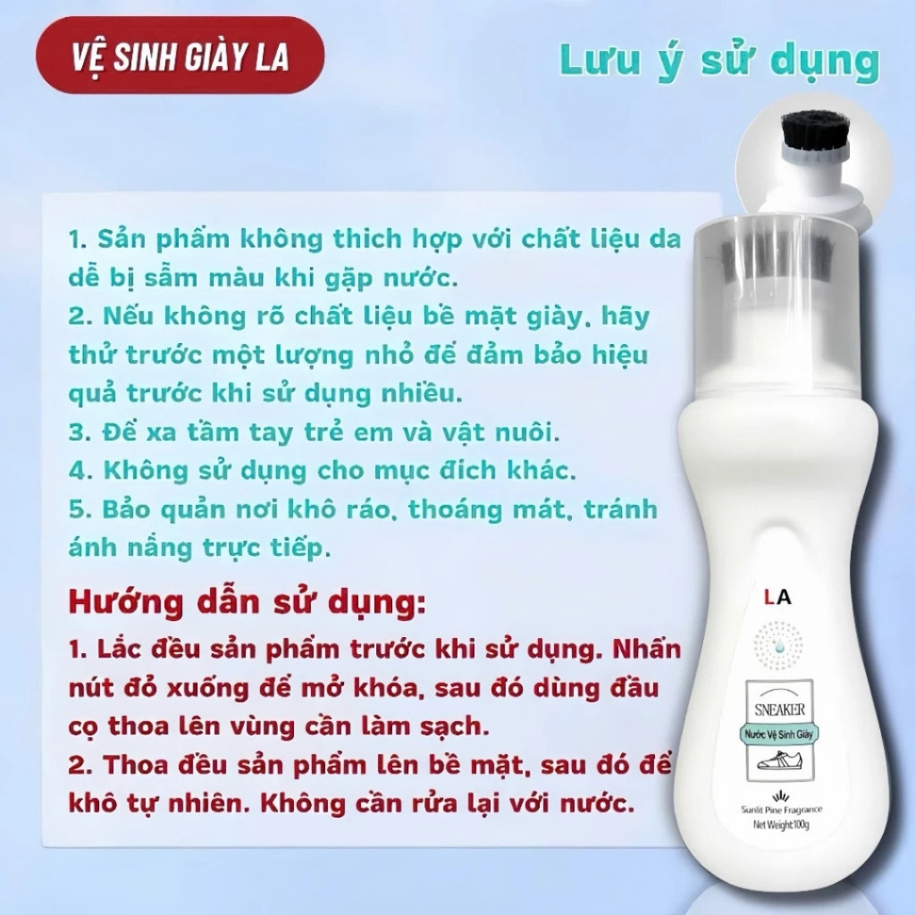 Chai Vệ Sinh Giày Dép LA 100ml – Nước Tẩy Trắng, Làm Sạch Giày,Khử Mùi Dài Lâu, Không Cần Giặt