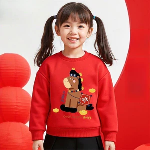 Trẻ em Ngựa Đỏ Năm Cổ Tròn Áo Dài Tay Phong Cách Lễ Hội Trang Phục Hàng Ngày