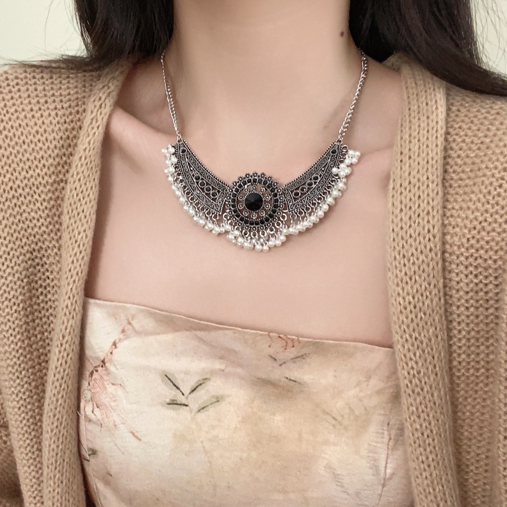 Bộ nhiều màu • Vòng cổ tua rua bạc Miao phong cách Trung Quốc mới + Bộ bông tai phong cách dân tộc cổ điển Dây chuyền xương đòn ngọc trai Thiết kế thích hợp Vòng cổ bé gái khí chất phù hợp